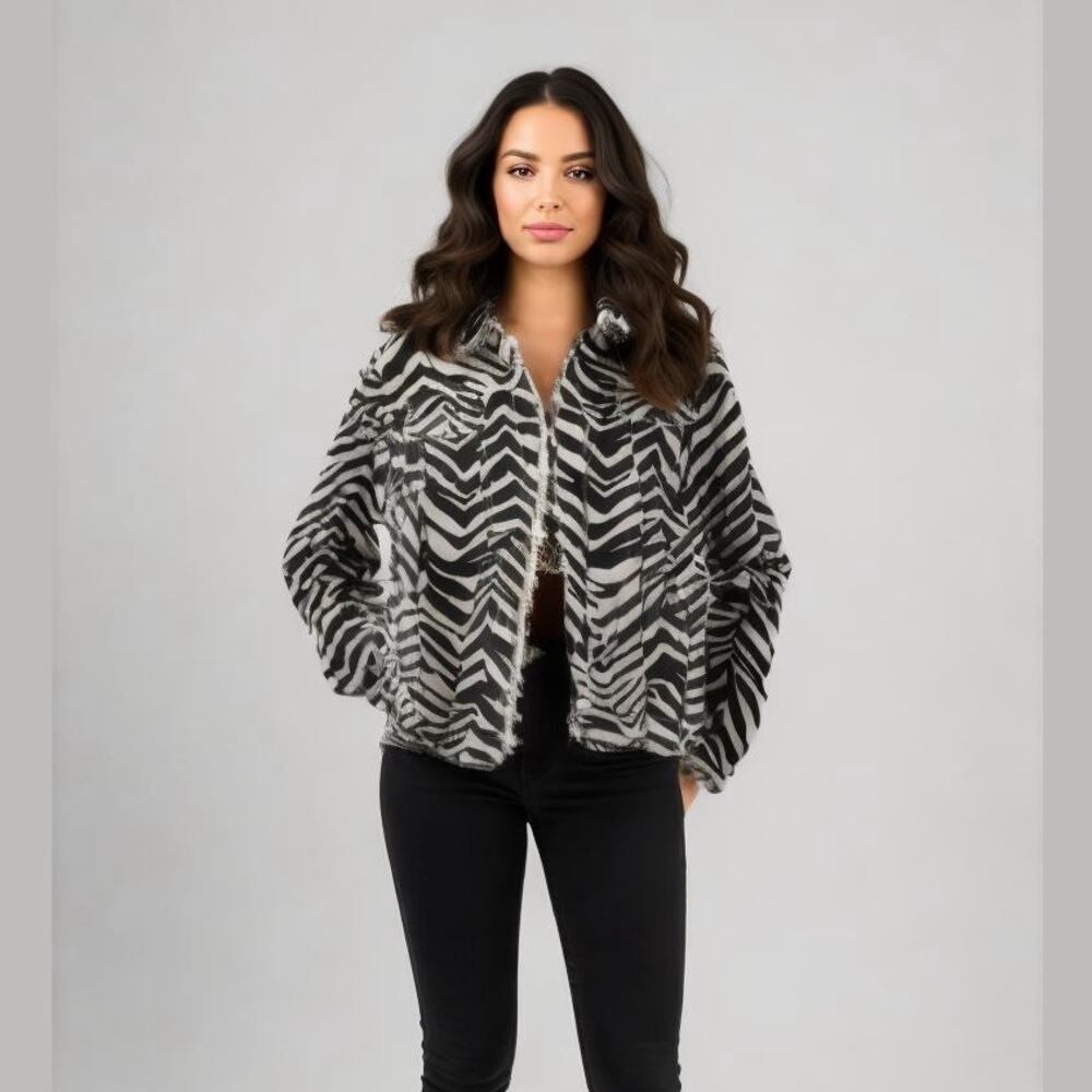 Laura Ashley Black & White Zebra Print Sequin Trim Raw Edge Jacket Women Sz 2X